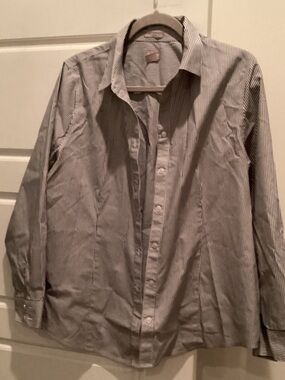 Chico's White and Gray Pinstripe Button-Up Blouse